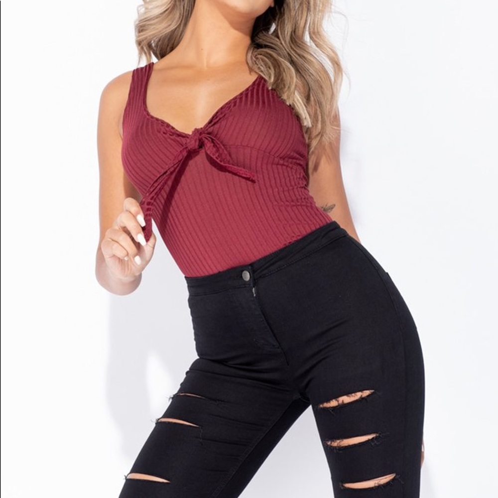 Wine tie front rib knit bodysuit
